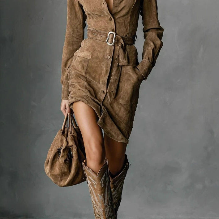 Suede Fashion Long Sleeve Lapel Single Breasted Shirt Dress Dresses