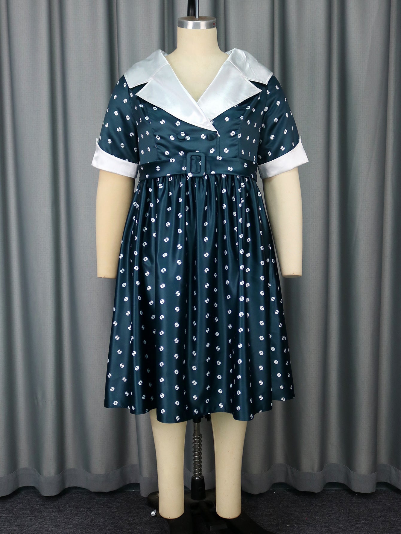 Printed Lapel Sleeve Hem Commuter Dress Dresses