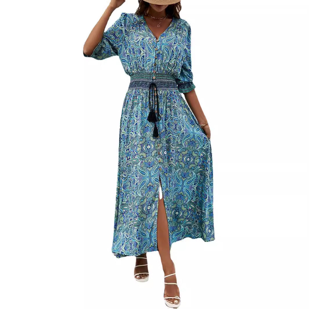 Women's Three-quarter Sleeve Waist Bohemian Dress Vacation Dresses