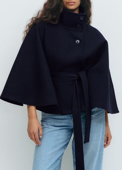 Women's Color Cloak Stand Collar Button Belt Coats