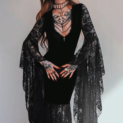 Women's Autumn Elegant Batwing Sleeve Lace Stitching Dresses