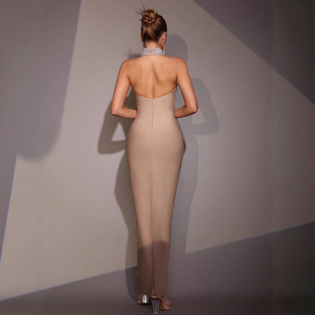 Women's Pearl Beaded Tight Sleeveless Khaki Bandage Dresses