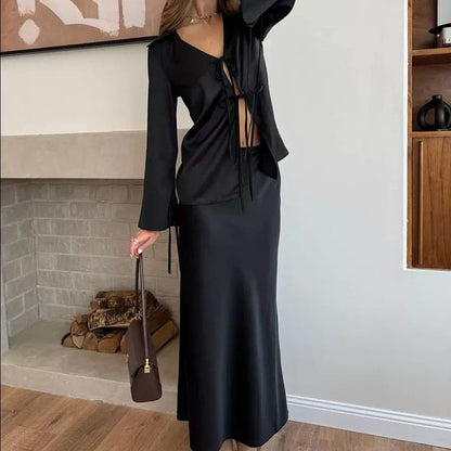 Women's Elegant Long Two-piece Spring Satin Suits