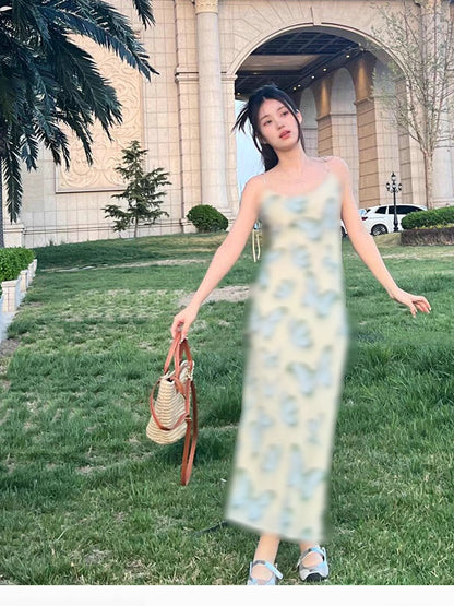 French Silk Printed Lace Up Long Dress Oblique Cut Dresses