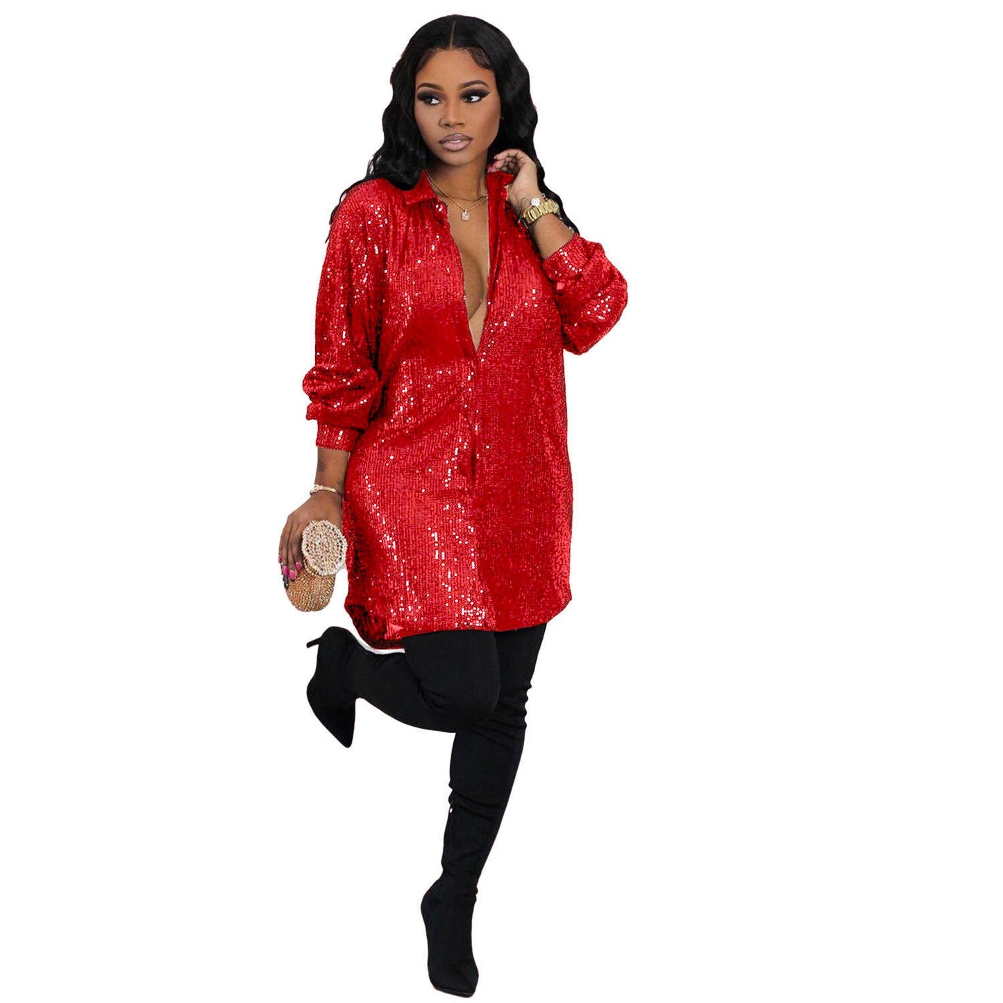 Comfortable Durable Sexy Sequined Shirt Dress Suits