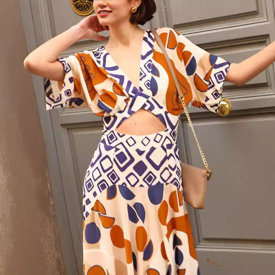 Women's Collar Waist Trimming Printing Dress Two-piece Dresses