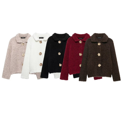 Women's Flower Breasted Artificial Fur Effect Knitted Coats