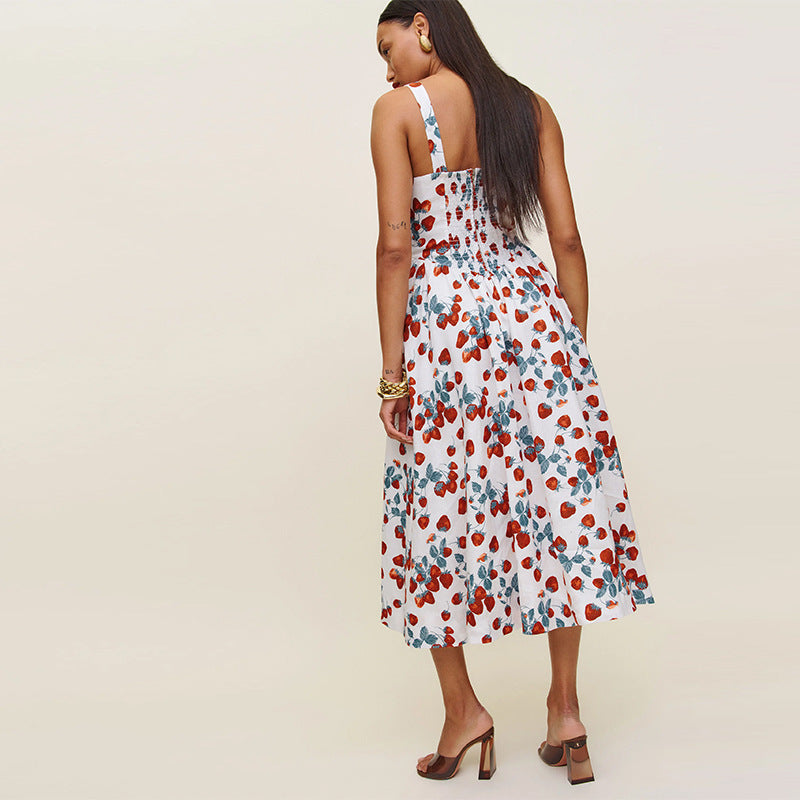 Printed Strawberry Square Collar Mid-length Vacation Dresses