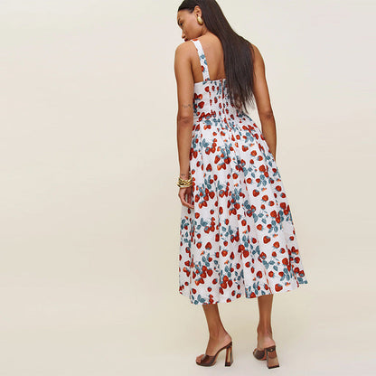 Printed Strawberry Square Collar Mid-length Vacation Dresses