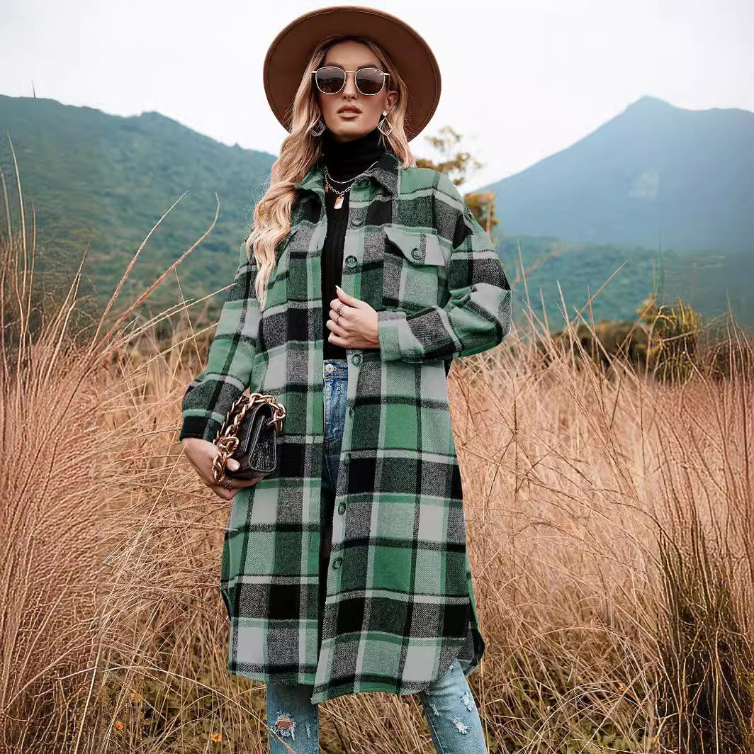 Women's Elegant Long Trench Lapel Pocket Plaid Coats