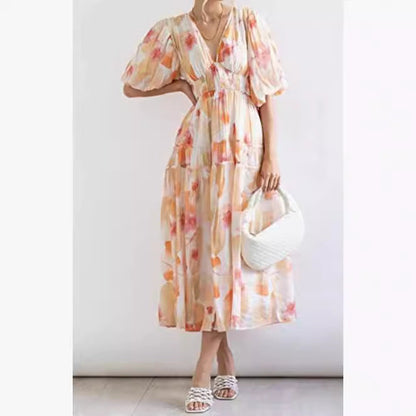Women's Bohemian Floral Mid-length Dress Pleating Beach Dresses