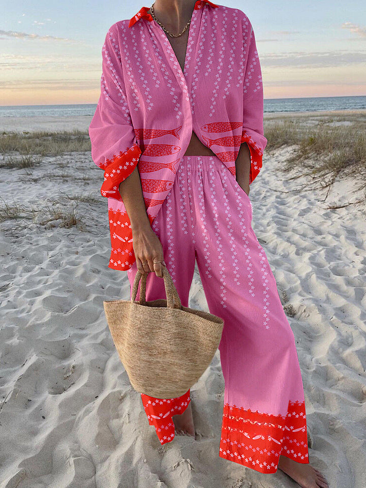 Women's Digital Flower Hawaiian Vacation Style Shirt Suits