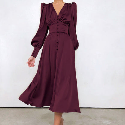 Women's Sleeve Elegant Slim Satin Court Waist Dresses