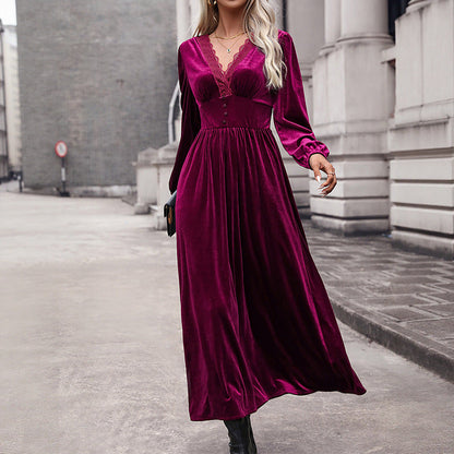 Classy Solid Color Veet Long-sleeved Dress Dresses