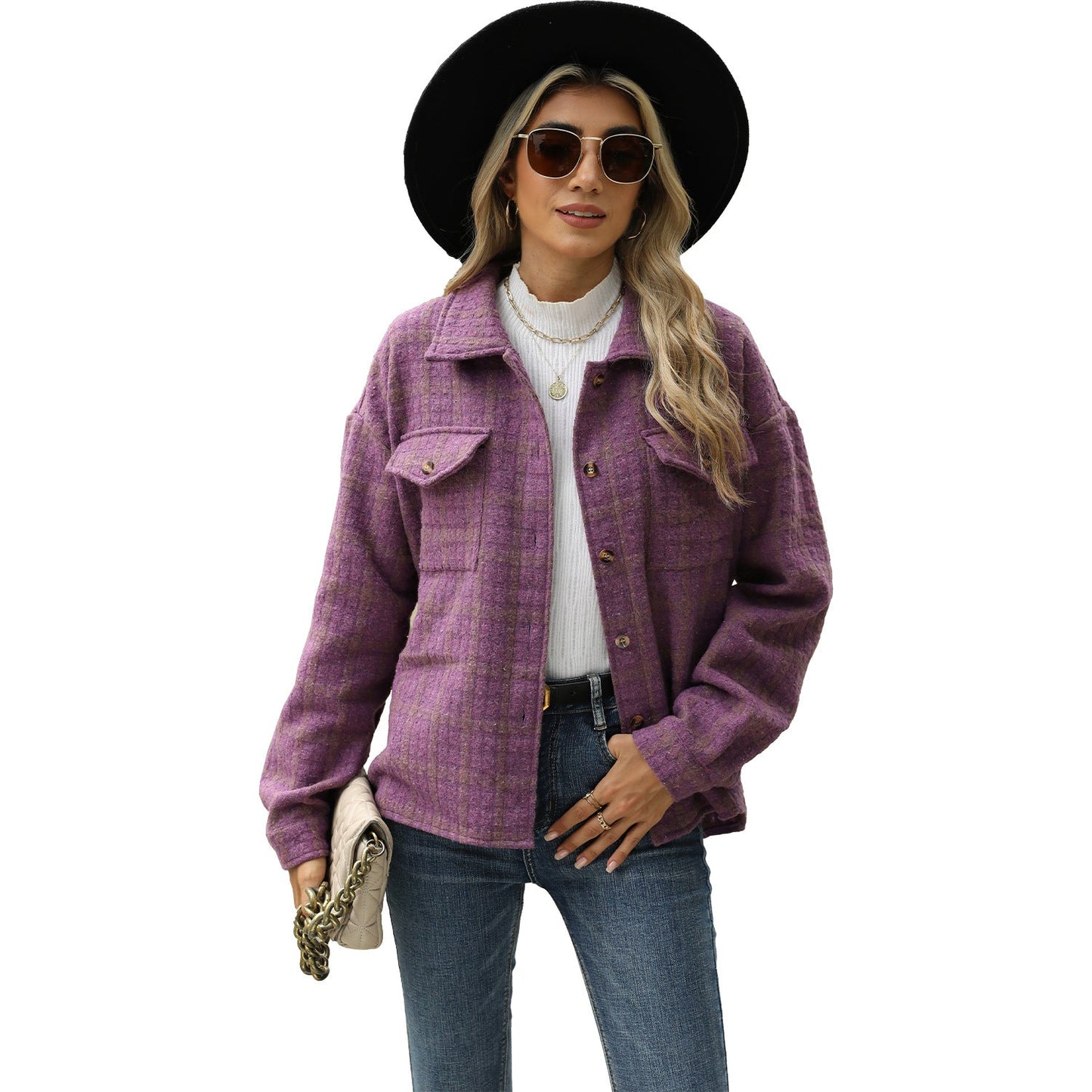 Women's Lapel Plaid Long Sleeve Loose Woolen Coats