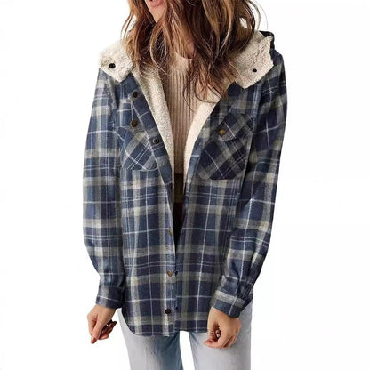 Women's Long-sleeved Plaid Woolen Hooded Lamb Wool Sweaters