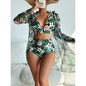 Swimwear Women Split Long Sleeved Blouse Sexy Print Bikini Swimsuit Three Piece Swimsuit