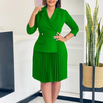 Women's Fashion Elegant Collar Solid Color Pleated Dresses