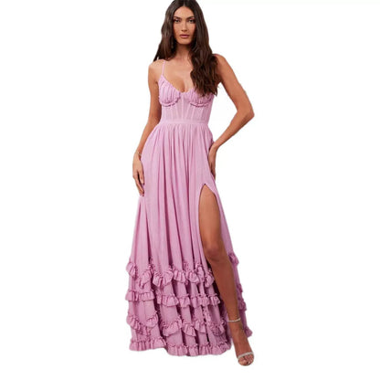 Summer Wrapped Chest Fishbone Solid Color Dresses