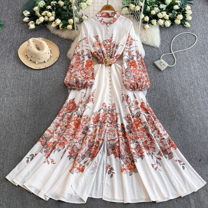 Women's Lantern Long Sleeve Single-breasted Printed Dress Dresses