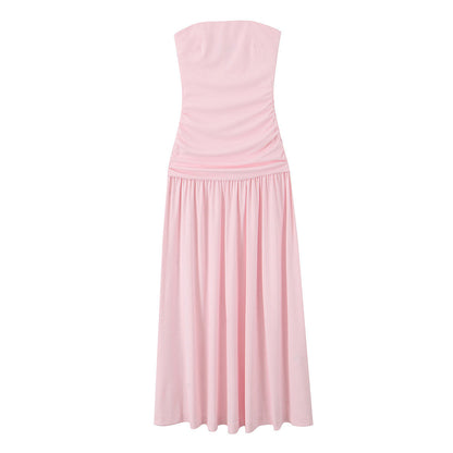 Women's French Pleated Strapless Sleeveless Long Dress Dresses