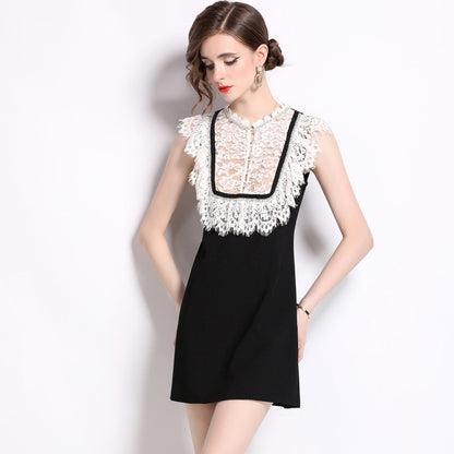 Collar Water Soluble Lace Rhinestone Sleeveless Color-matching Dresses