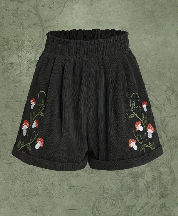 Corduroy Mushroom Embroidered Elastic Waist Casual Shorts