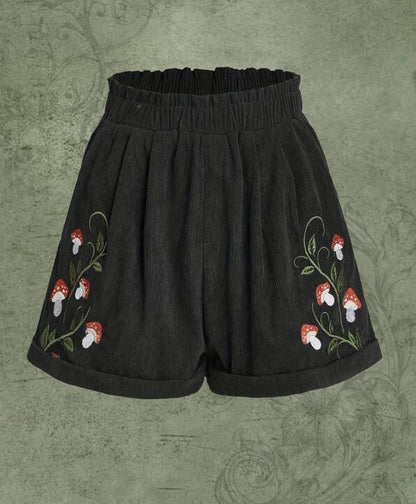 Corduroy Mushroom Embroidered Elastic Waist Casual Shorts