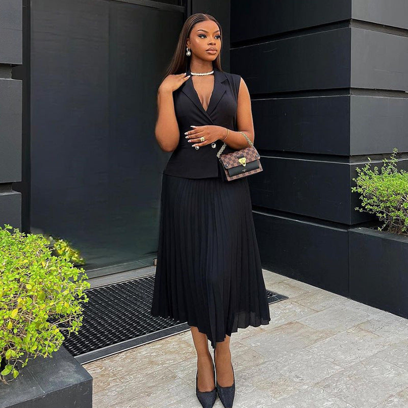 Women's Summer Elegant Collar Double Breasted Pleated Suits