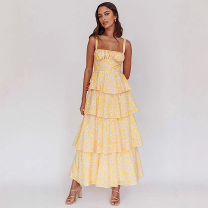 Women's Waist Trimming Spaghetti Straps Printed Long Dresses