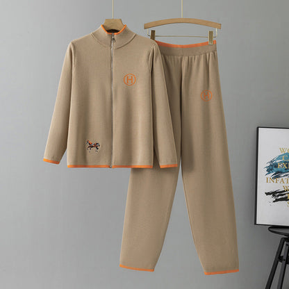 Women's Knitting Creative Horse Embroidery Long Sleeve Casual Trousers Suits