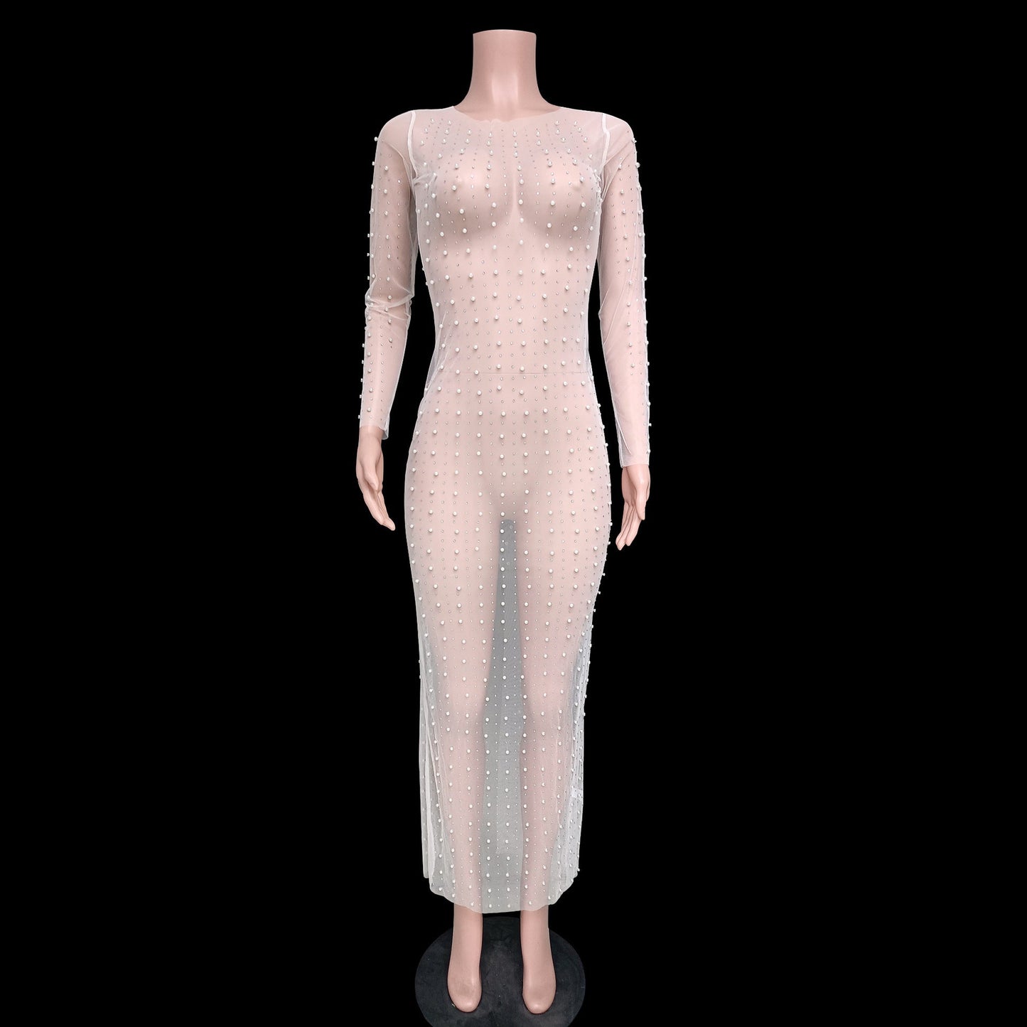 Fashion Sexy Beaded Rhinestone Mesh Long Dresses