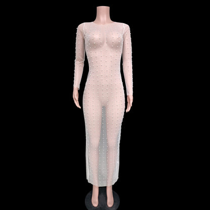 Fashion Sexy Beaded Rhinestone Mesh Long Dresses