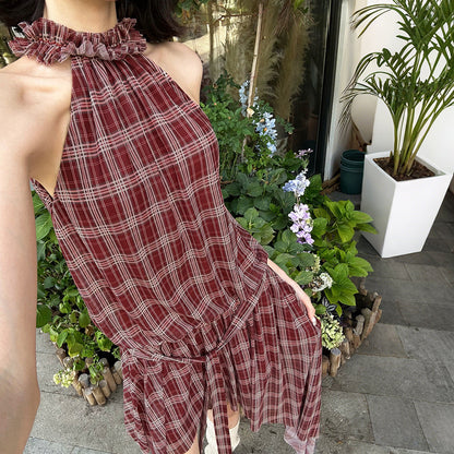 Women's Summer Asymmetric Design Slim Halter Plaid Dresses