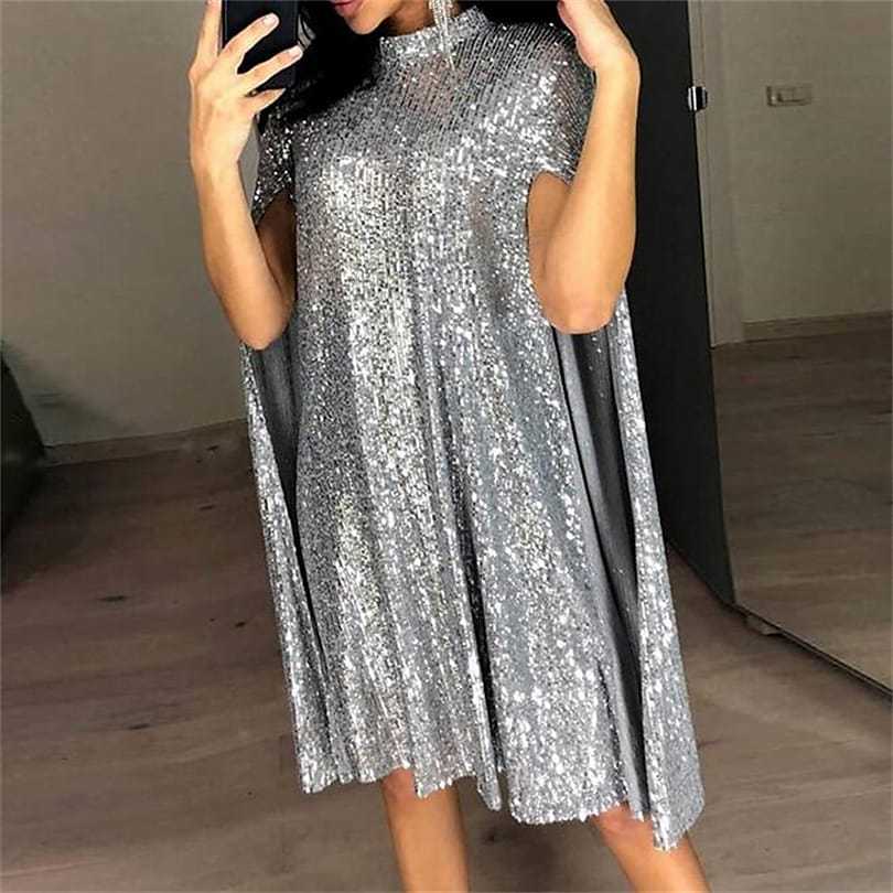 Women's Sequin Long Sleeve Split Dress Small Stand Dresses