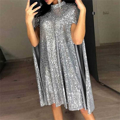 Women's Sequin Long Sleeve Split Dress Small Stand Dresses