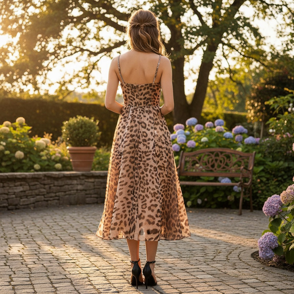 Leopard Print Design Dress Tight Waist Tops