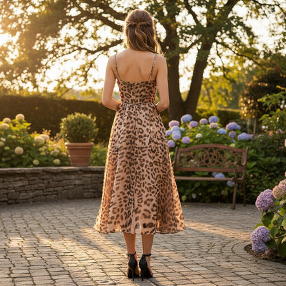 Leopard Print Design Dress Tight Waist Tops