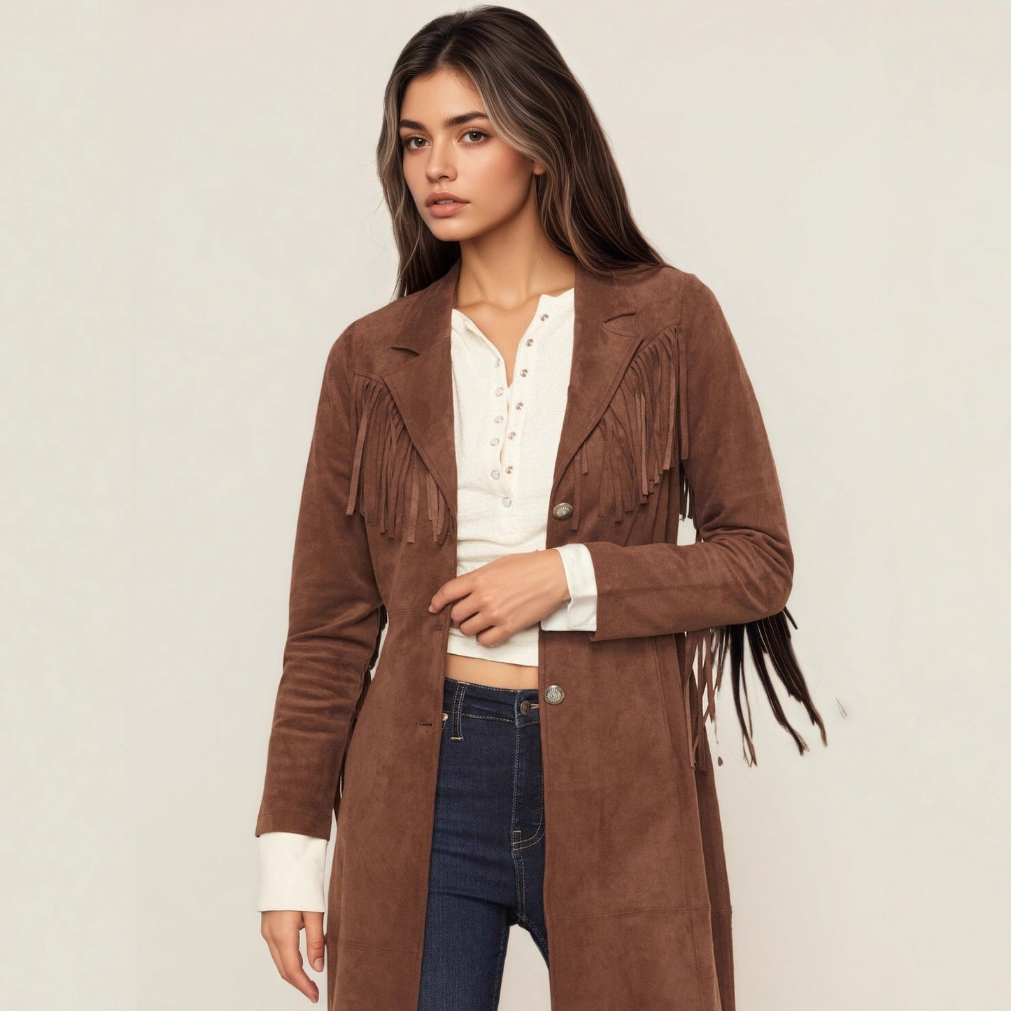 Faux Fur Collar Long Tassel Design Coats