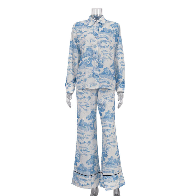 Women's Ink Painting Printing Lapel Shirt High Waist Suits