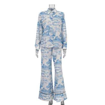 Women's Ink Painting Printing Lapel Shirt High Waist Suits
