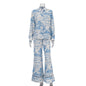 Women's Ink Painting Printing Lapel Shirt High Waist Suits
