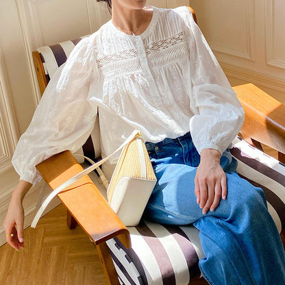 Women's Embroidery White Shirt Long Sleeve Stylish Blouses