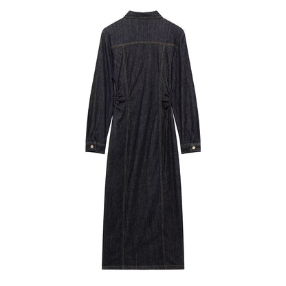 Women's Simple Denim Long Sleeve Midi Dress Dresses