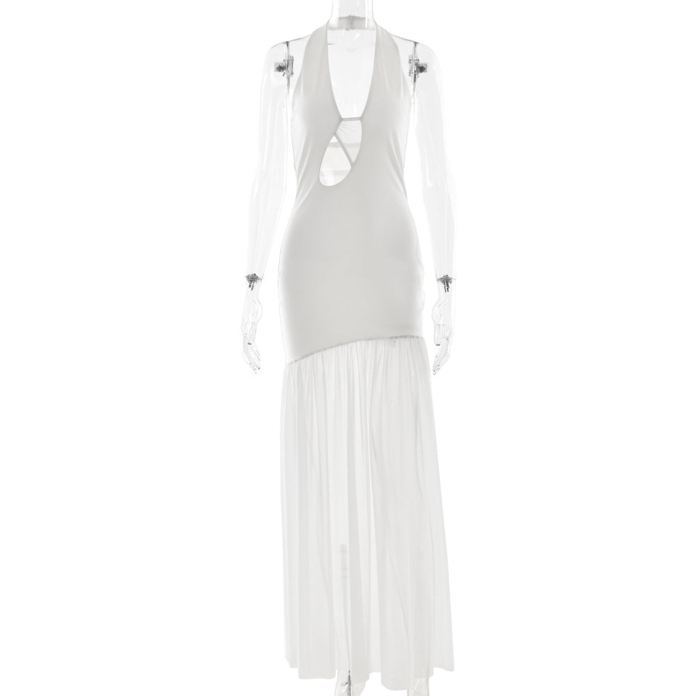 Women's Mesh Stitching Halter Dress Fitted Waist Dresses