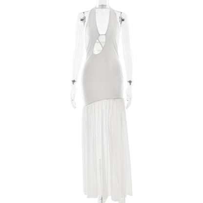 Women's Mesh Stitching Halter Dress Fitted Waist Dresses