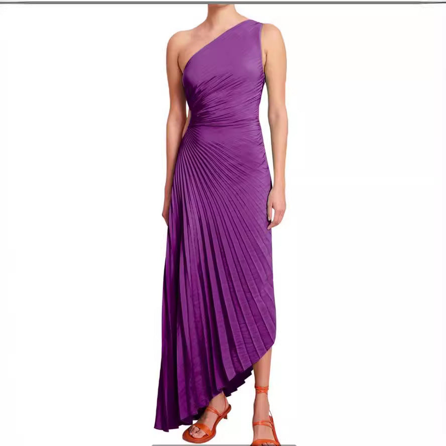 Women's Diagonal Collar Pleated Hollow Dress Satin Dresses