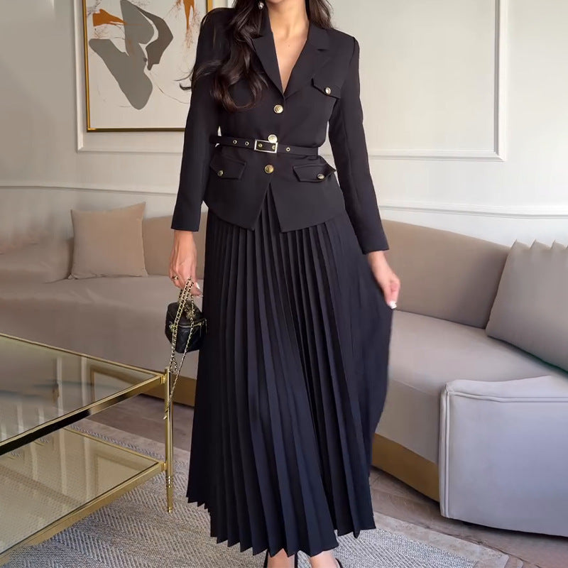 Spring Solid Color Elegant Lapel Pleated Skirts