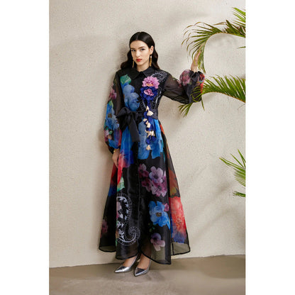 Women's Autumn Three-dimensional Floral Holiday Lapel Lantern Sleeve Dresses