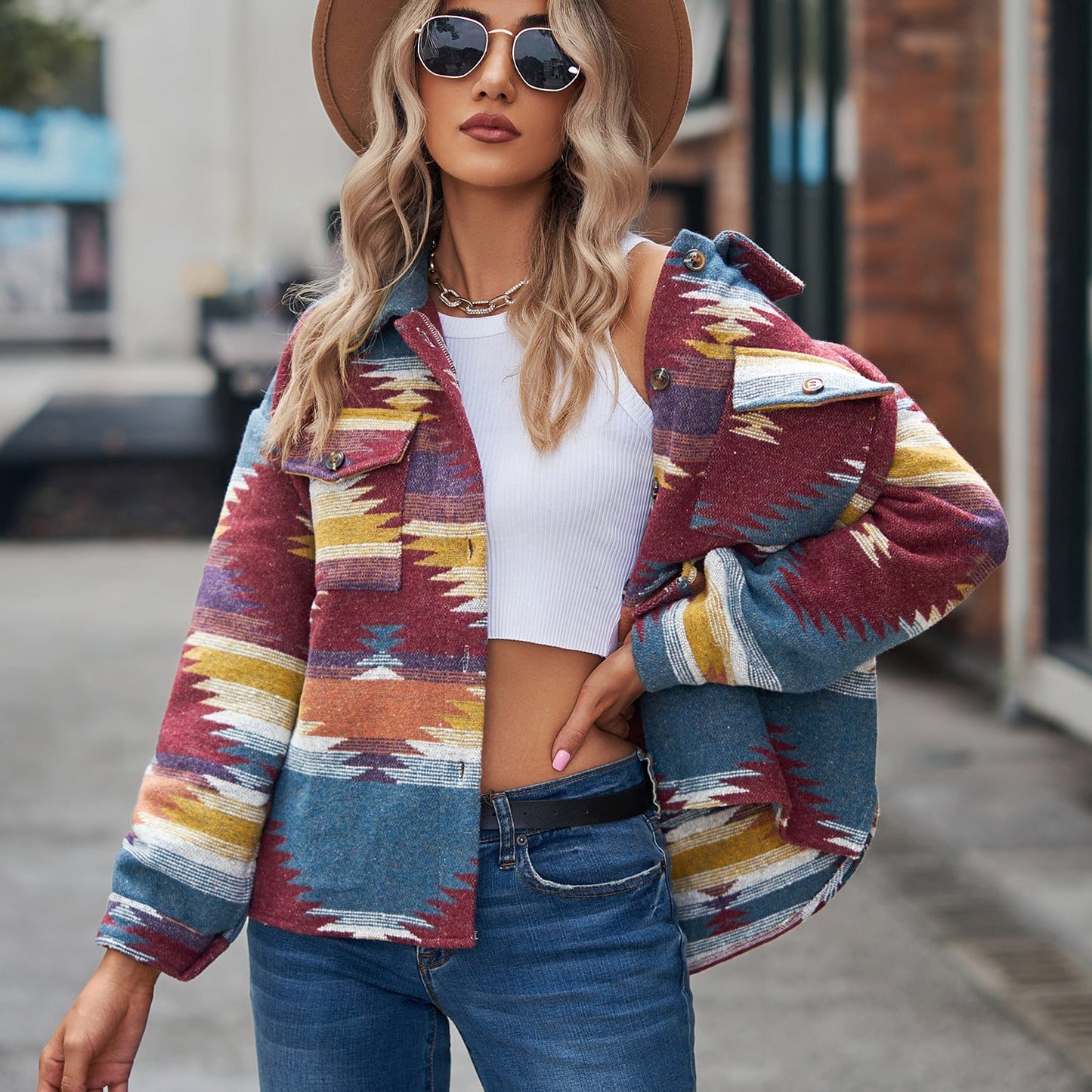 Women's Geometric Pattern Loose Lapels Pocket Button Coats